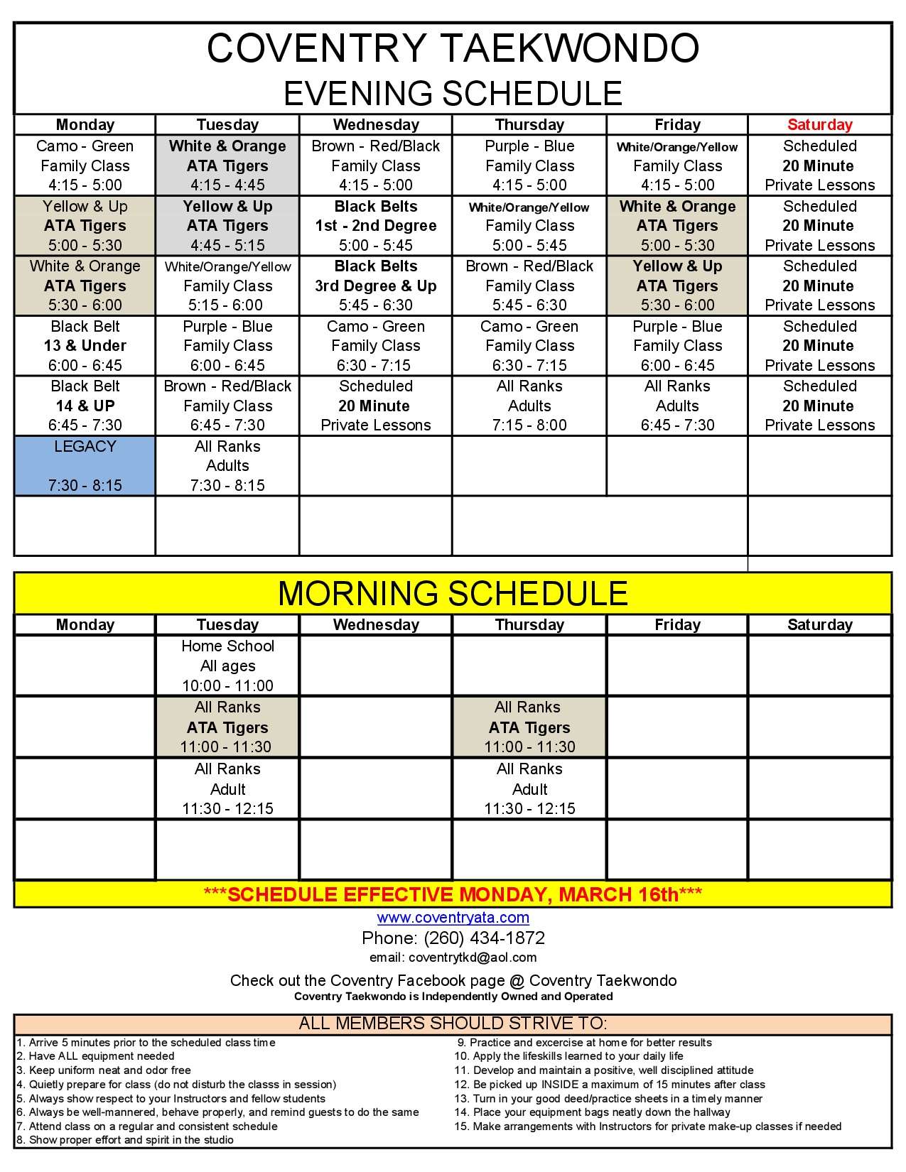 Coventry Alternate Schedule - Coventry Taekwondo