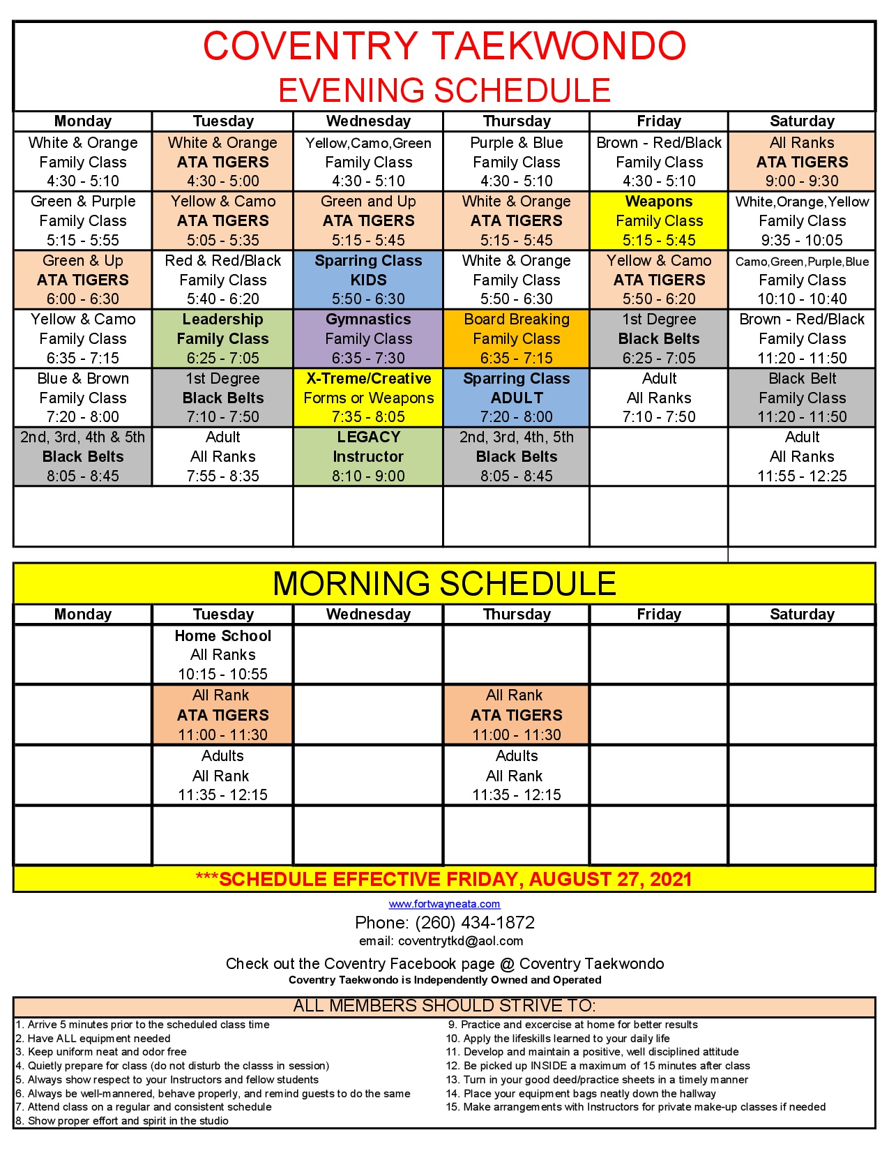 2021 Coventry Fall Schedule Coventry Taekwondo