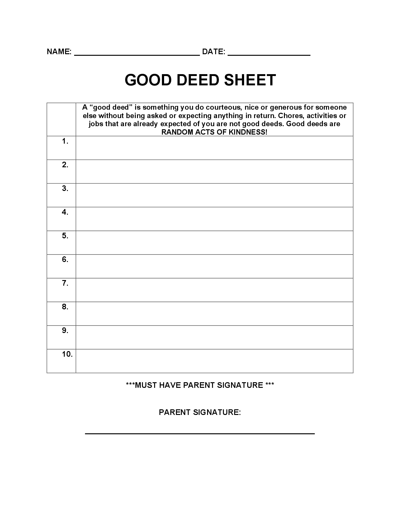 Good Deed Sheets Coventry Taekwondo